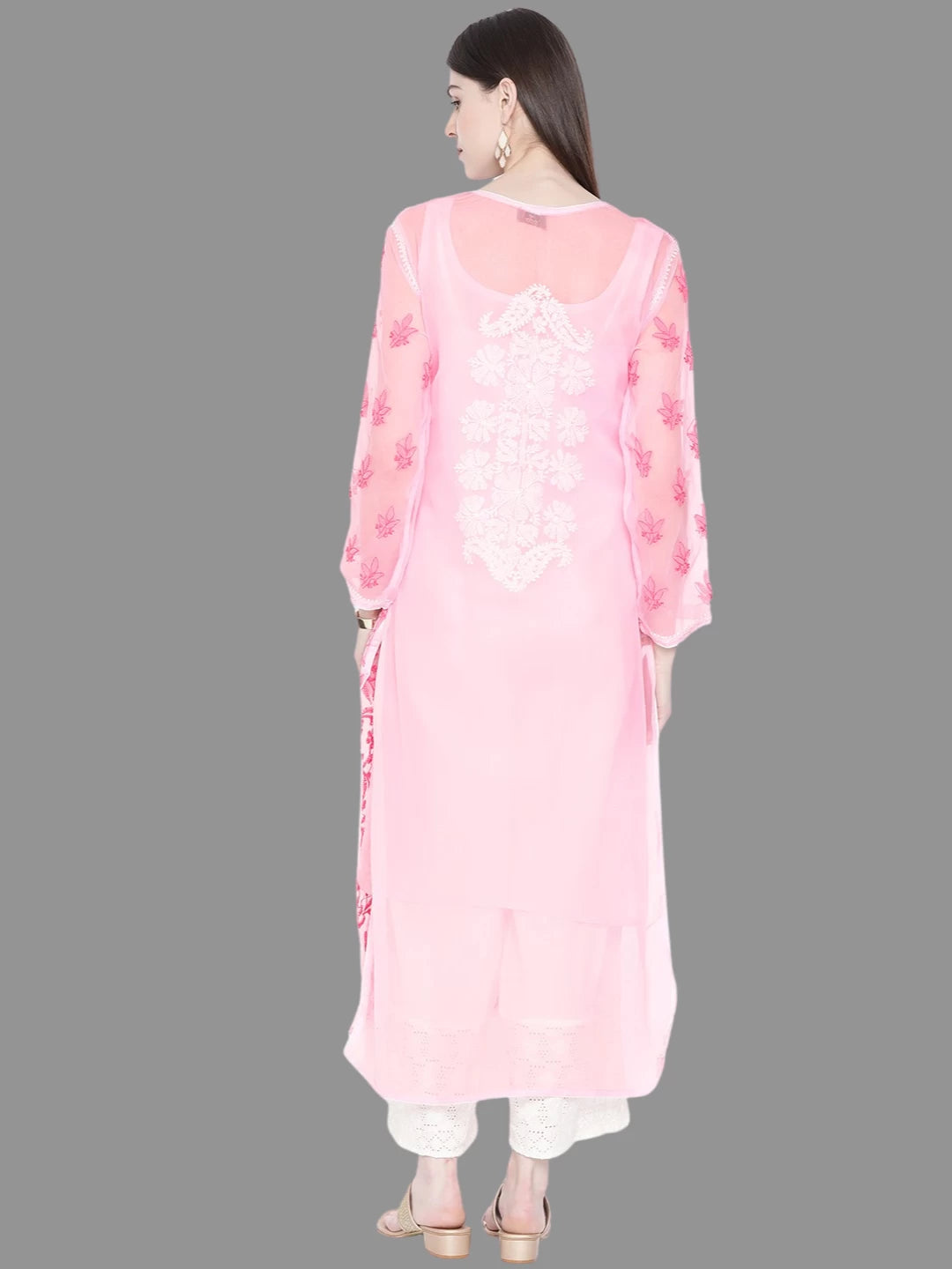 Ada Hand Embroidered Pink Georgette Lucknowi Chikankari Straight Kurta With Slip A217611
