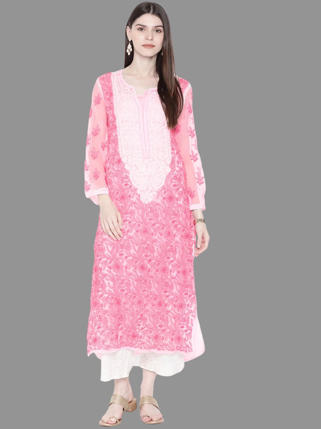 Ada Hand Embroidered Pink Georgette Lucknowi Chikankari Straight Kurta With Slip A217611