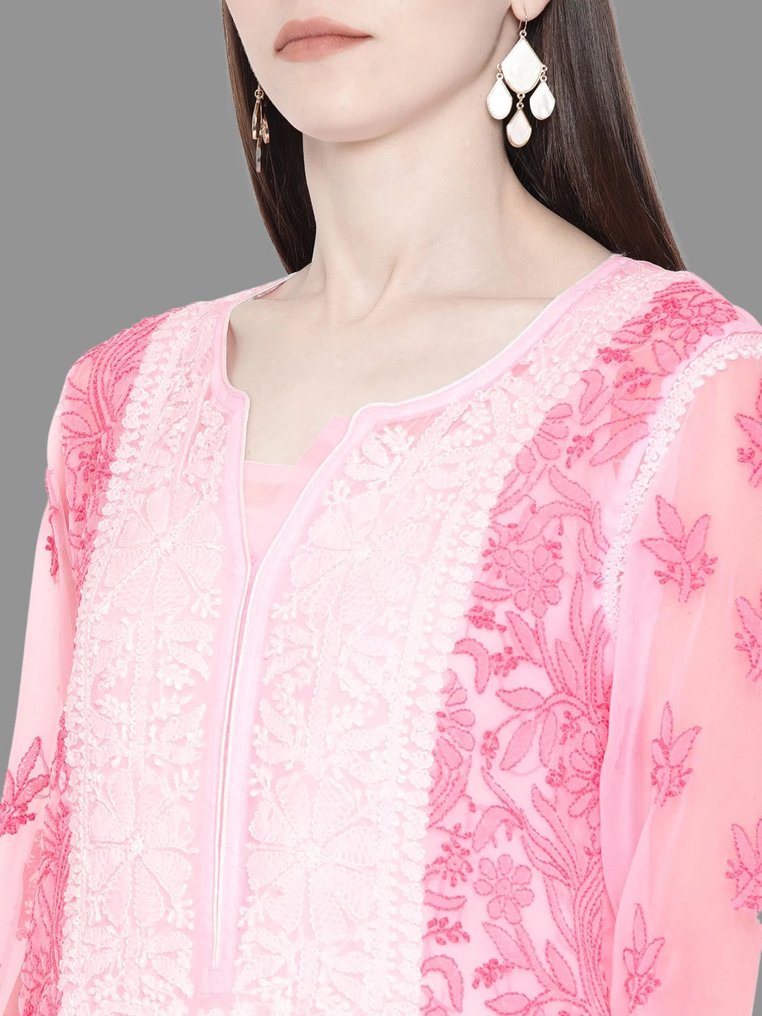Ada Hand Embroidered Pink Georgette Lucknowi Chikankari Straight Kurta With Slip A217611