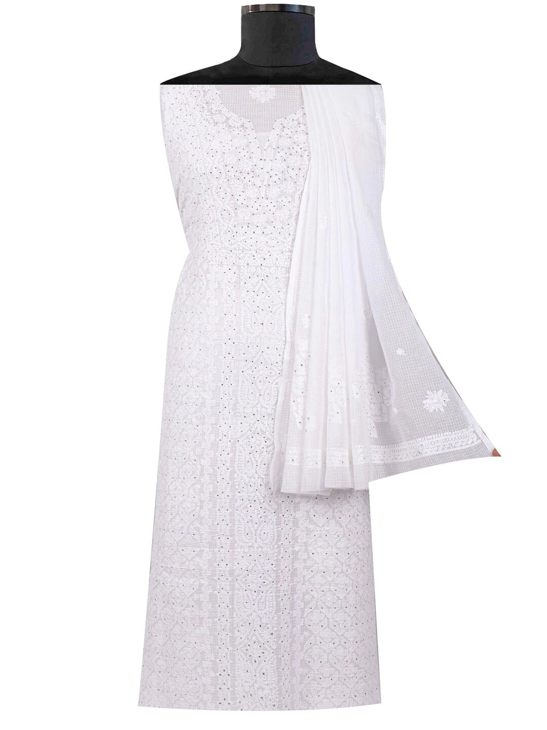 Ada Hand Embroidered White Kota Lucknowi Chikankari Unstitched Kurta Dupatta Set With Muqaish Work A622265