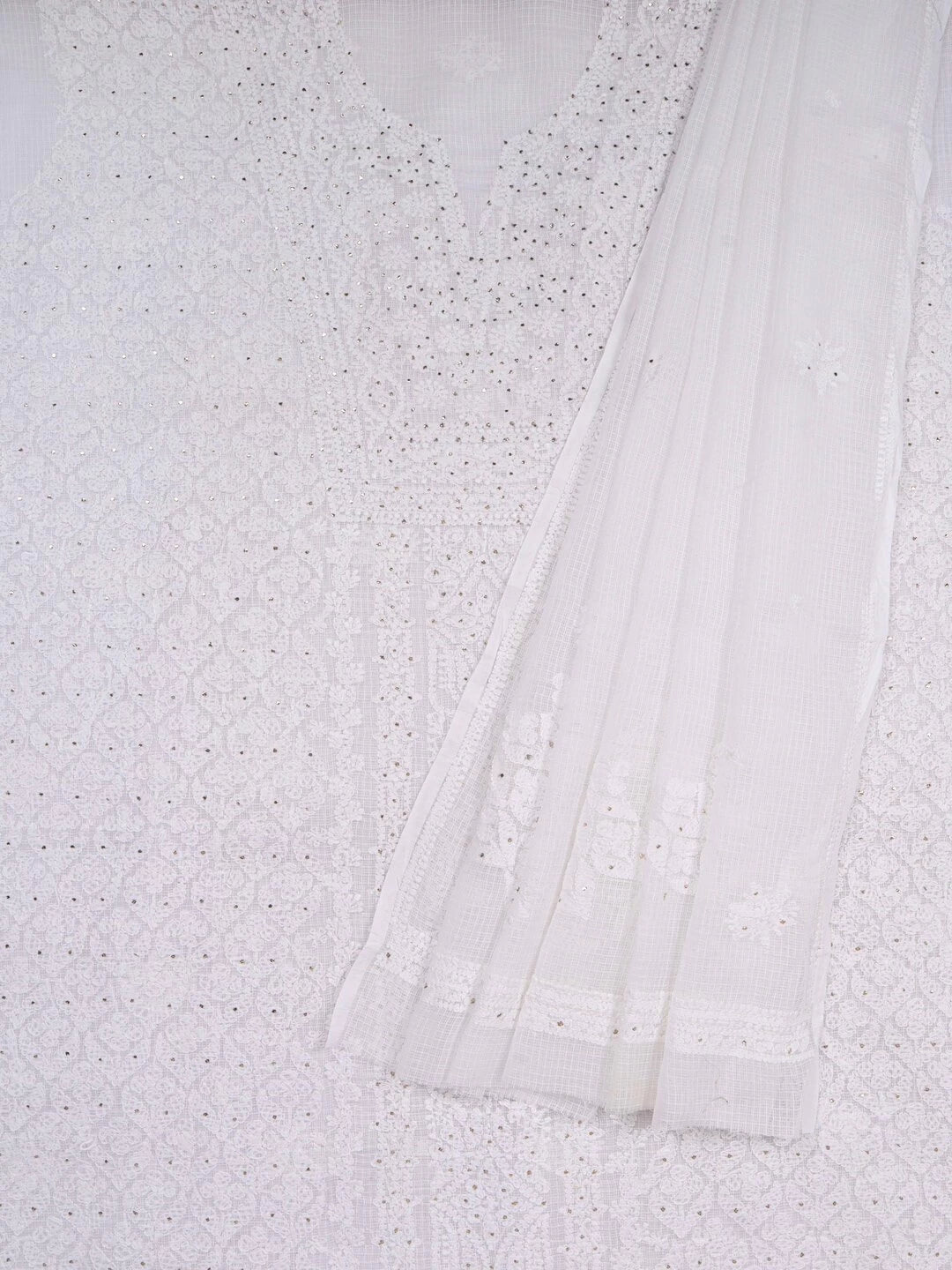 Ada Hand Embroidered White Kota Lucknowi Chikankari Unstitched Kurta Dupatta Set With Muqaish Work A622265
