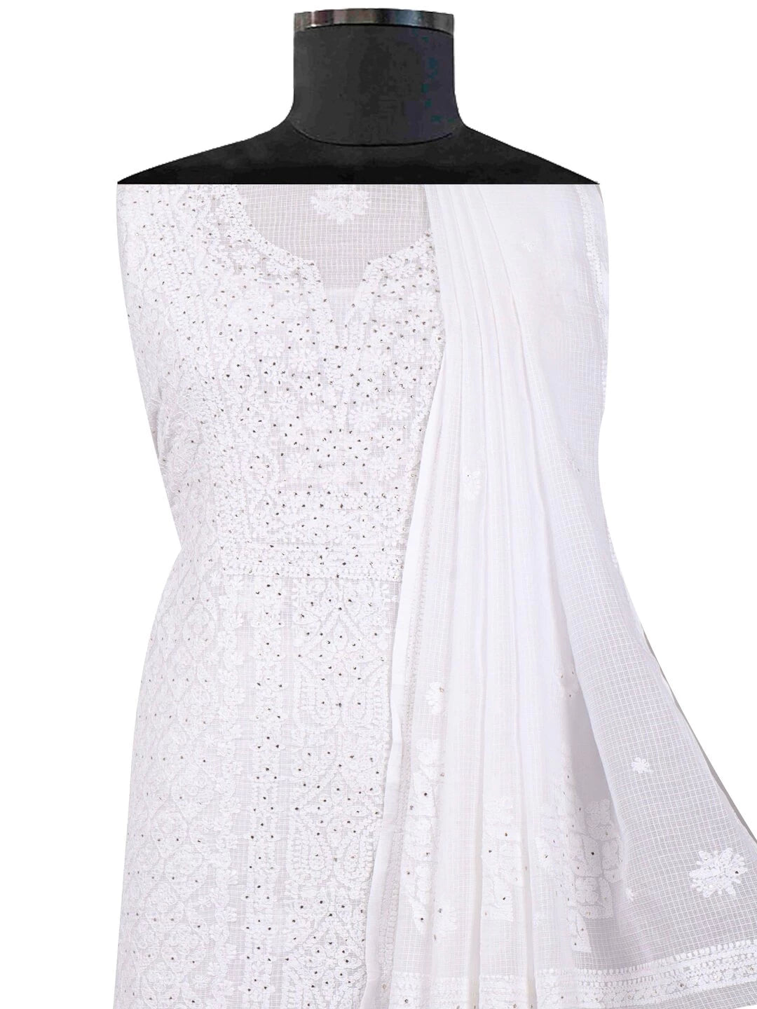 Ada Hand Embroidered White Kota Lucknowi Chikankari Unstitched Kurta Dupatta Set With Muqaish Work A622265