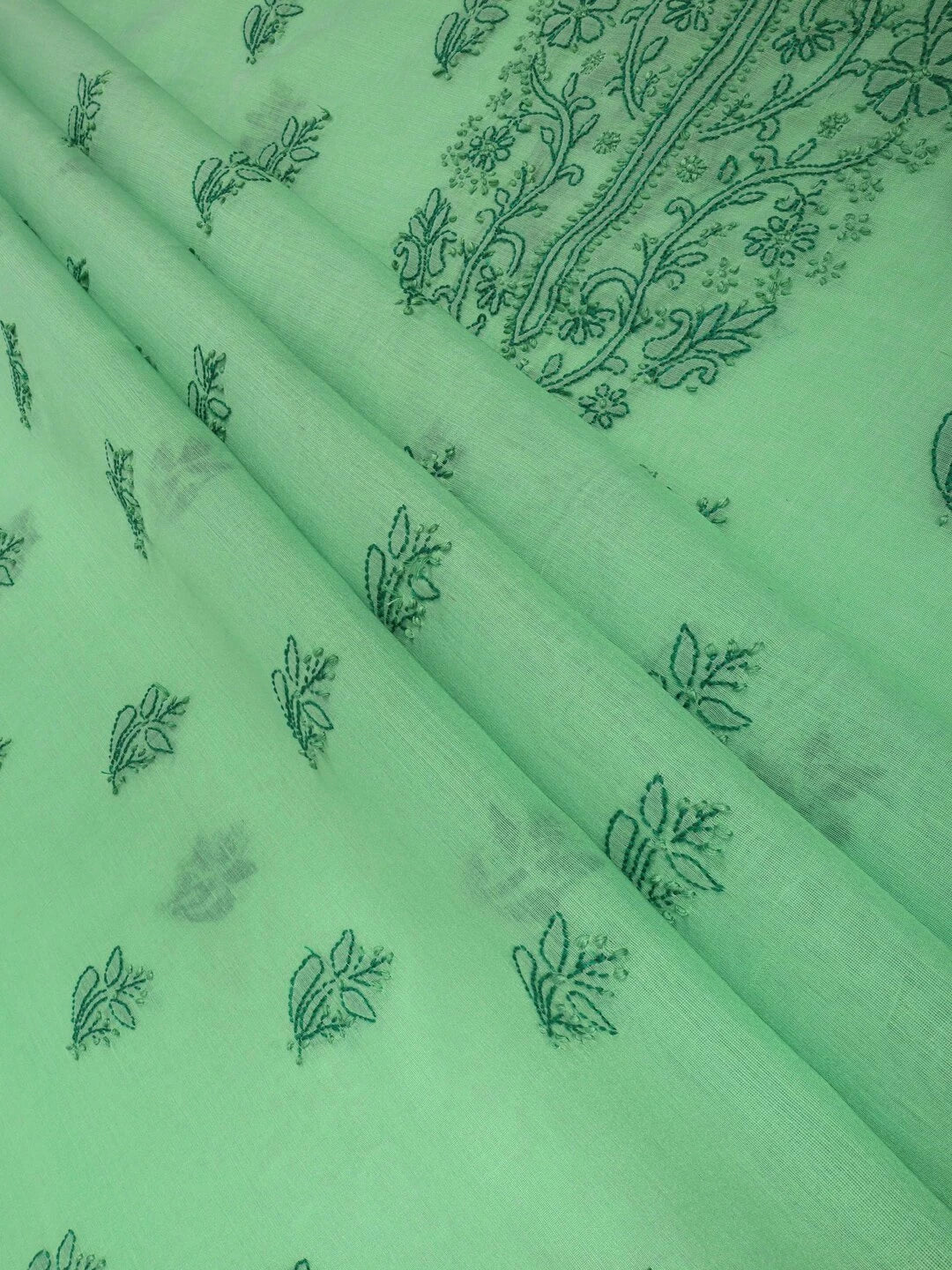 Ada Hand Embroidered Green Chanderi Lucknowi Chikankari unstitched Kurta Dupatta Set 01A118194