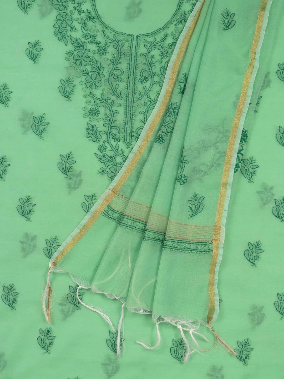 Ada Hand Embroidered Green Chanderi Lucknowi Chikankari unstitched Kurta Dupatta Set 01A118194
