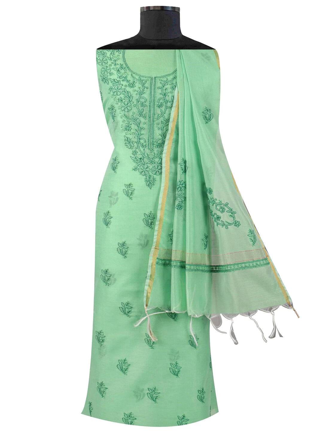 Ada Hand Embroidered Green Chanderi Lucknowi Chikankari unstitched Kurta Dupatta Set 01A118194