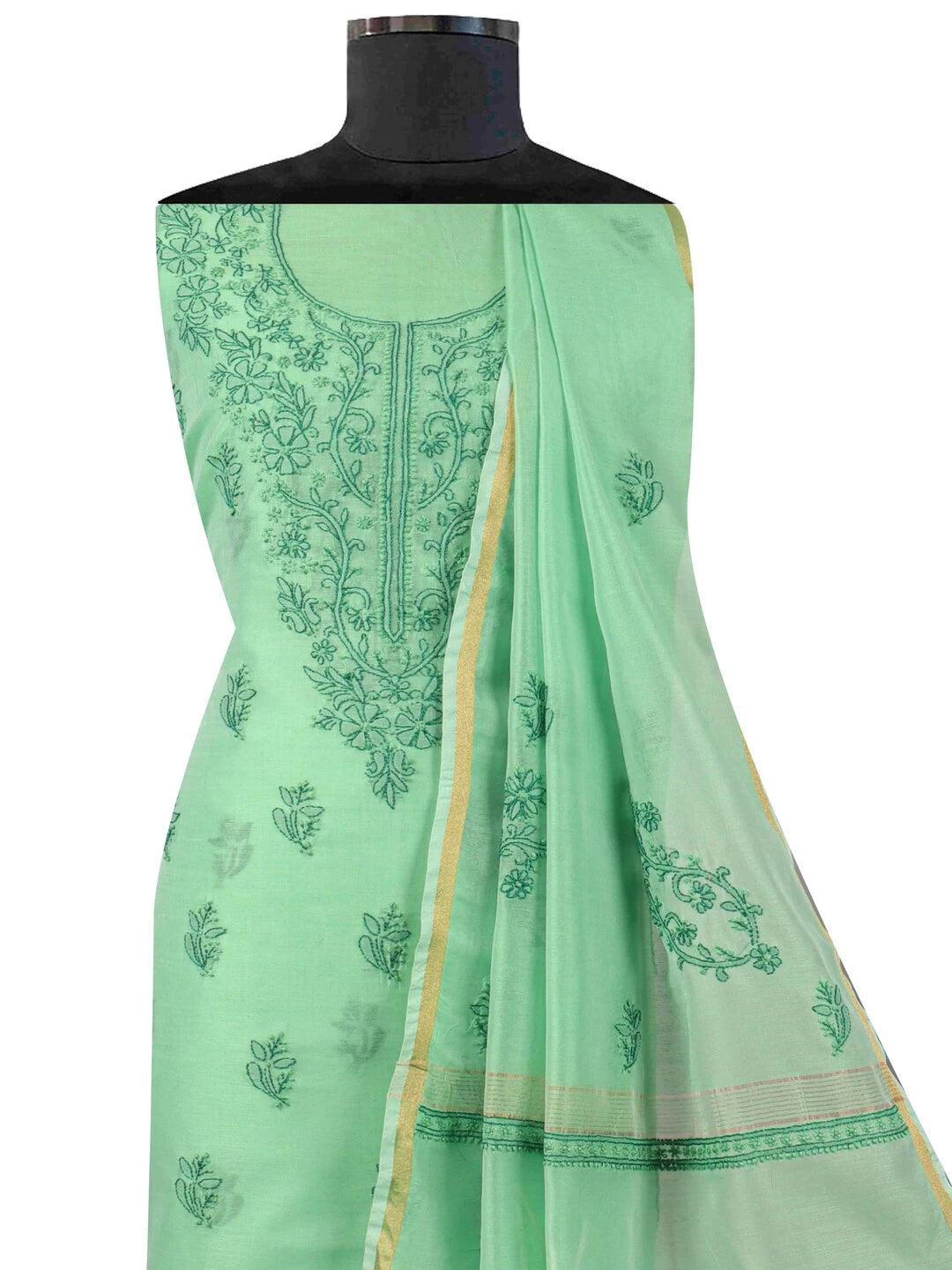 Ada Hand Embroidered Green Chanderi Lucknowi Chikankari unstitched Kurta Dupatta Set 01A118194