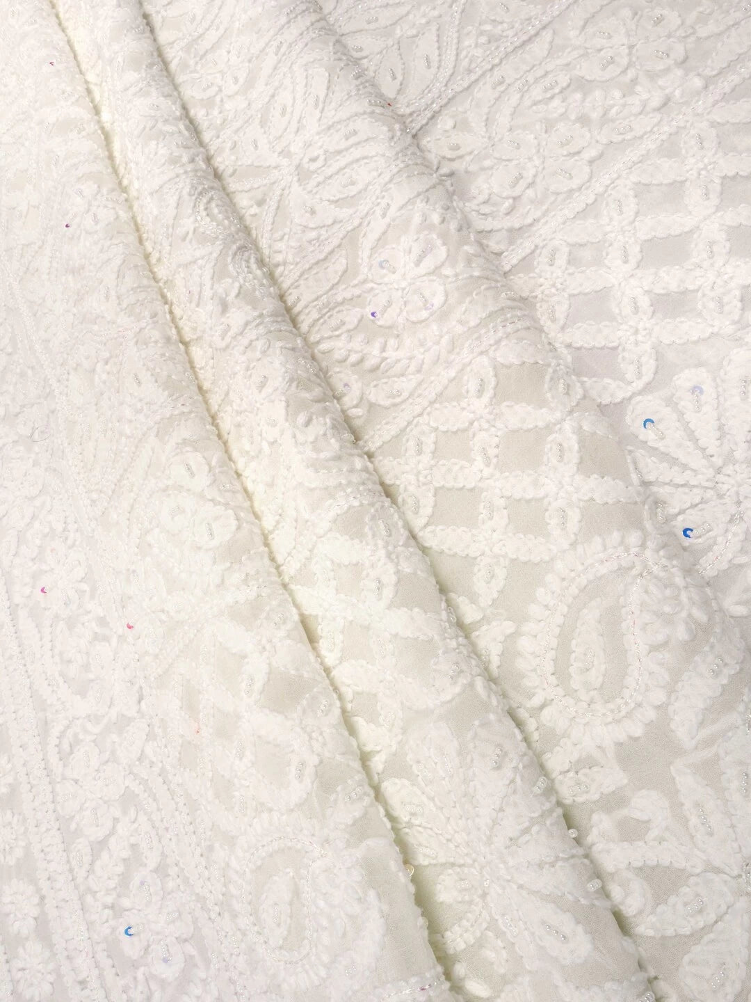 Ada Hand Embroidered White Georgette Lucknowi Chikankari Unstitched Kurta Dupatta Set With Pearl Work 01A125224