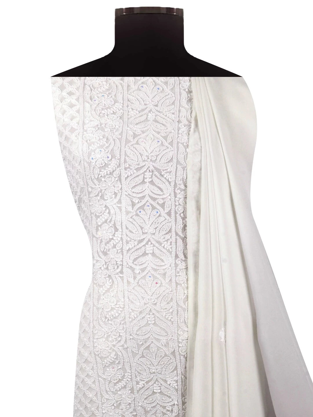 Ada Hand Embroidered White Georgette Lucknowi Chikankari Unstitched Kurta Dupatta Set With Pearl Work 01A125224