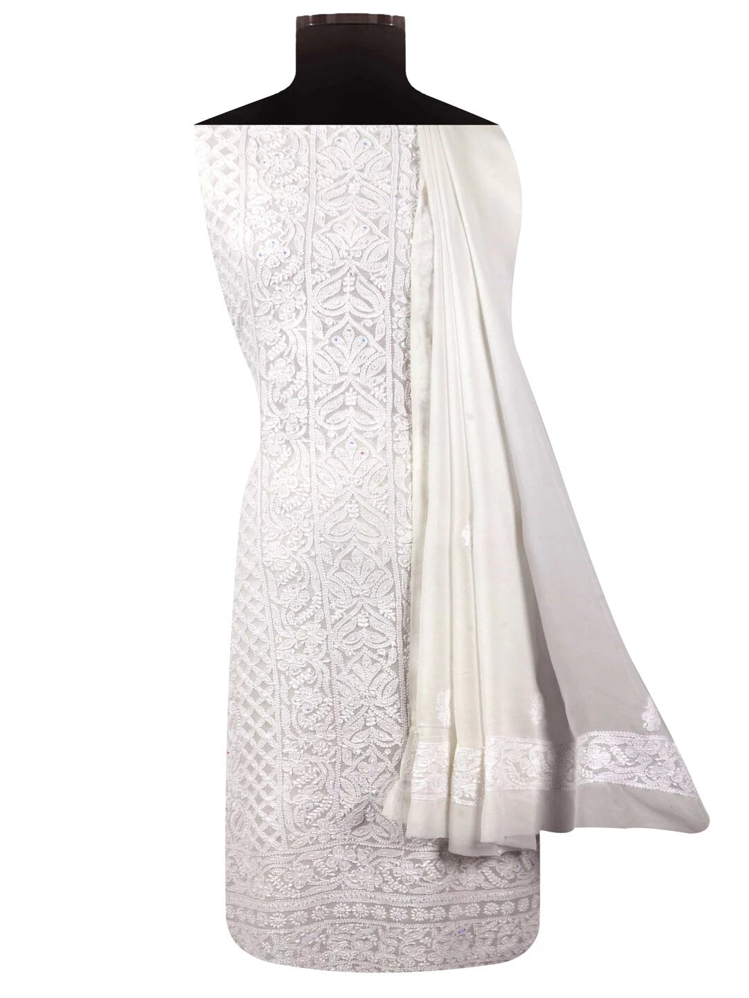 Ada Hand Embroidered White Georgette Lucknowi Chikankari Unstitched Kurta Dupatta Set With Pearl Work 01A125224