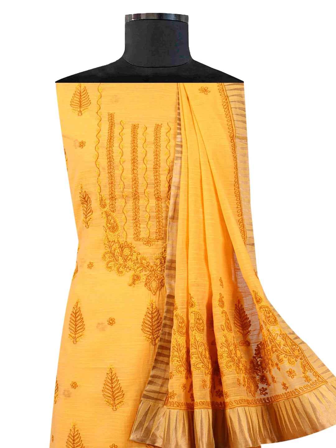 Ada Hand Embroidered Mustard Chanderi Lucknowi Chikankari Unstitched Kurta Dupatta Set A609930