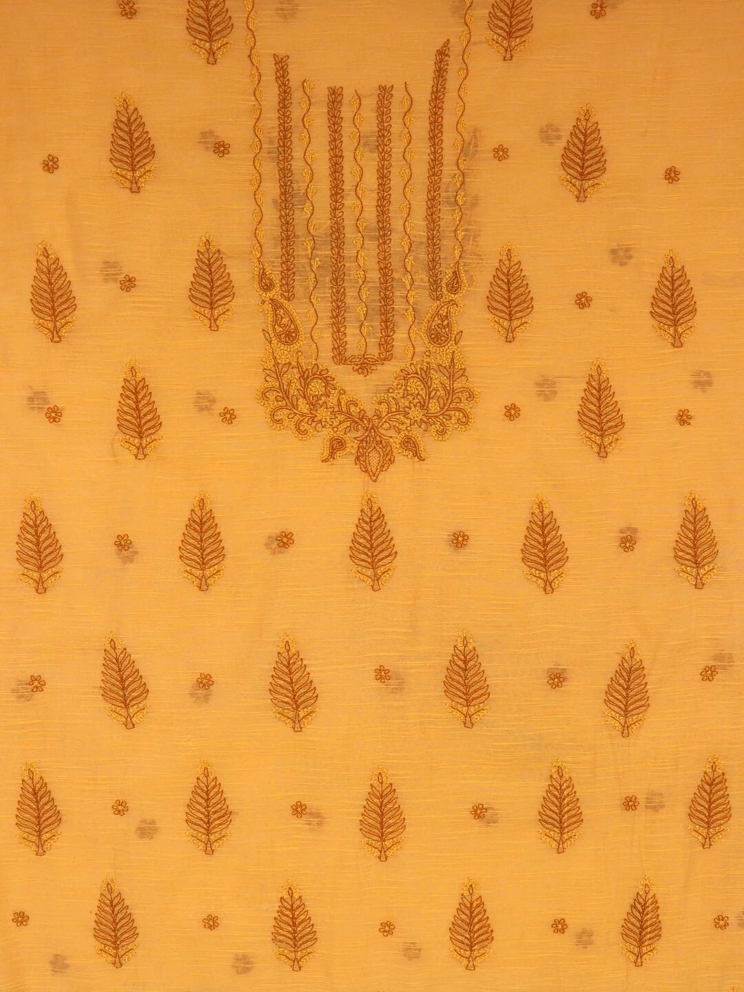 Ada Hand Embroidered Mustard Chanderi Lucknowi Chikankari Unstitched Kurta Dupatta Set A609930