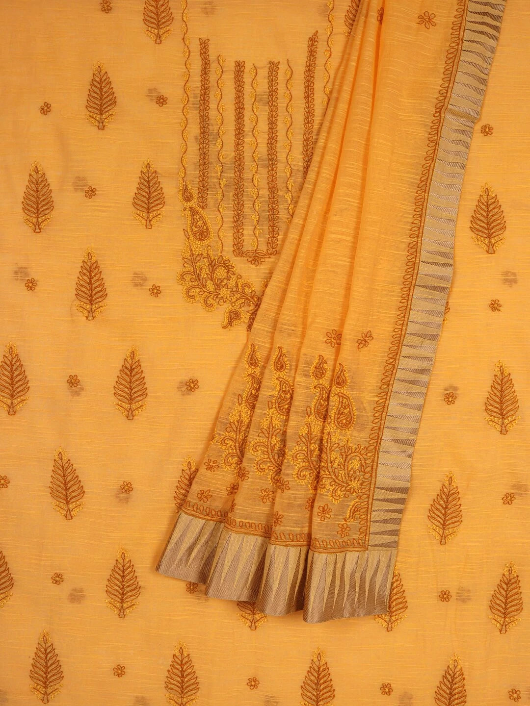 Ada Hand Embroidered Mustard Chanderi Lucknowi Chikankari Unstitched Kurta Dupatta Set A609930