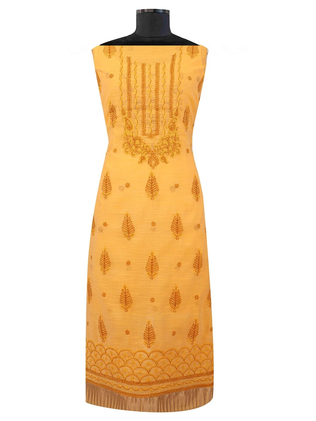Ada Hand Embroidered Mustard Chanderi Lucknowi Chikankari Unstitched Kurta Dupatta Set A609930