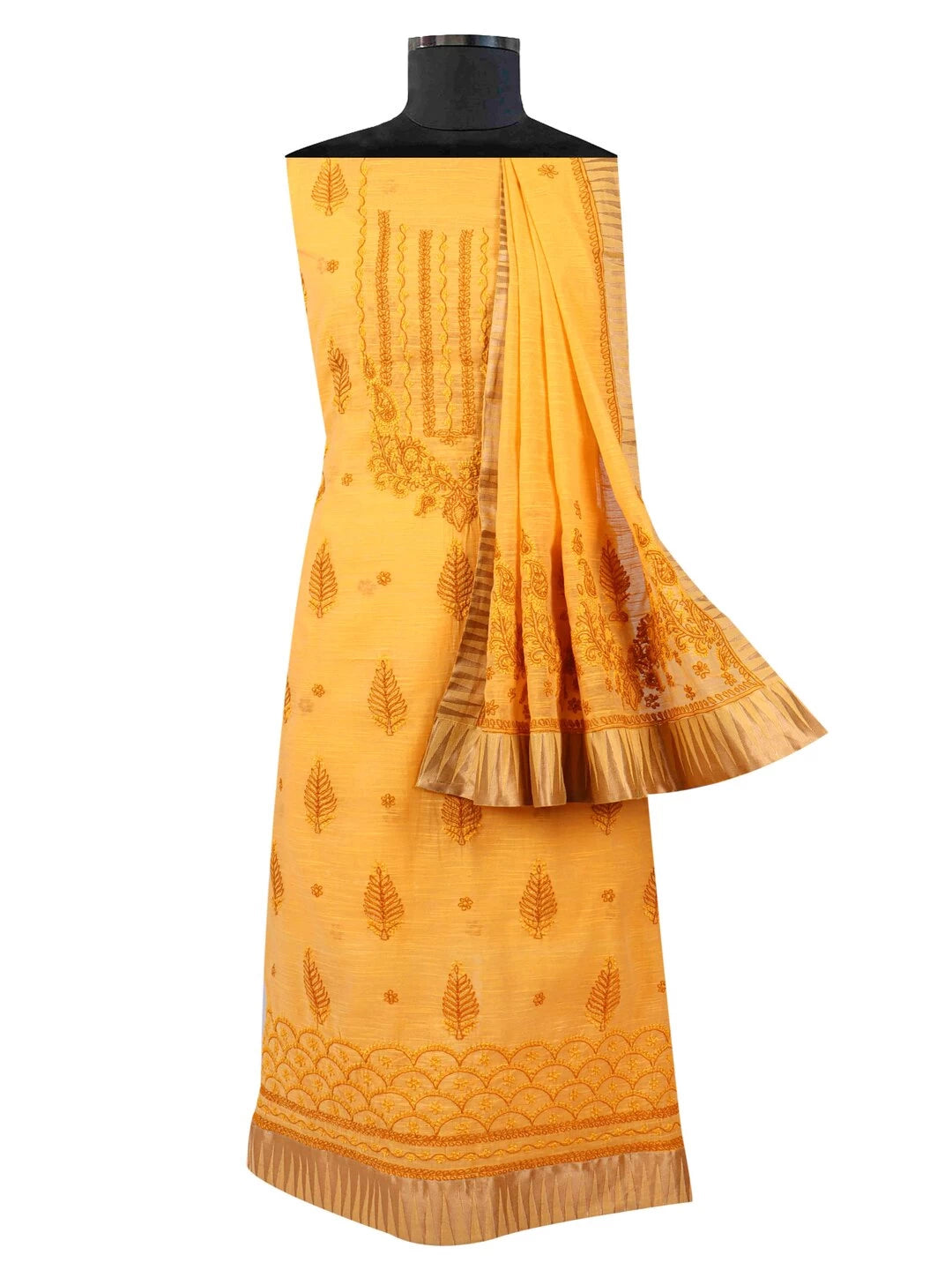 Ada Hand Embroidered Mustard Chanderi Lucknowi Chikankari Unstitched Kurta Dupatta Set A609930