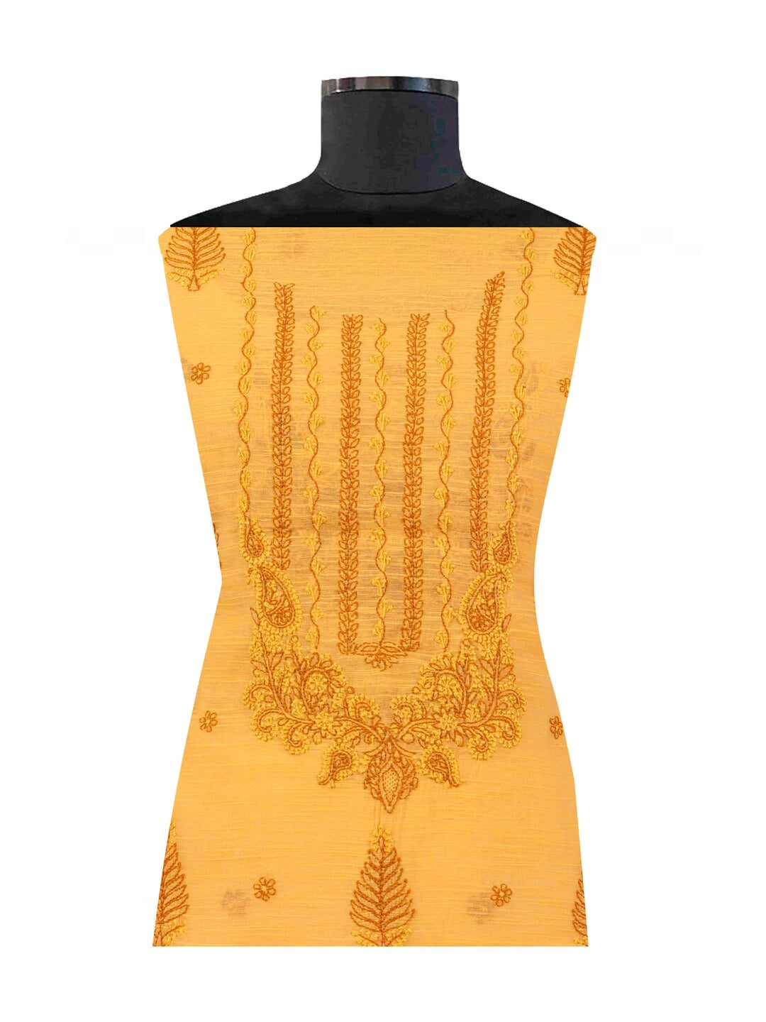 Ada Hand Embroidered Mustard Chanderi Lucknowi Chikankari Unstitched Kurta Dupatta Set A609930
