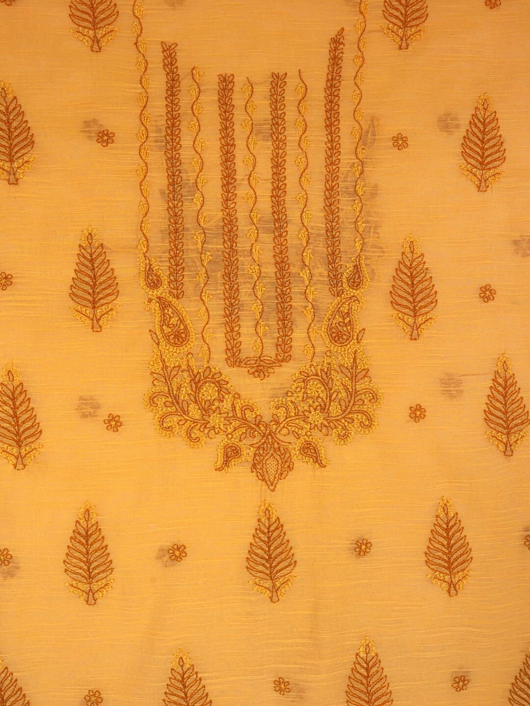 Ada Hand Embroidered Mustard Chanderi Lucknowi Chikankari Unstitched Kurta Dupatta Set A609930