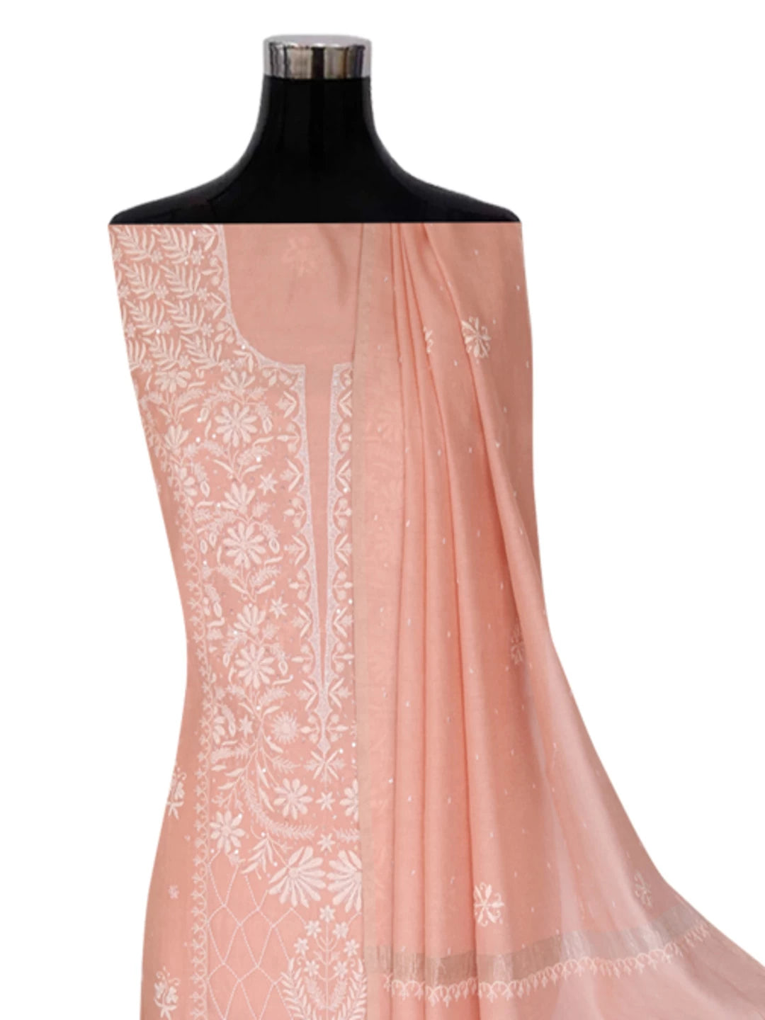 Ada Hand Embroidered Peach Tissue Lucknowi Chikankari Semi-stitched Kurta Dupatta Set With Pearl Work 01A345122