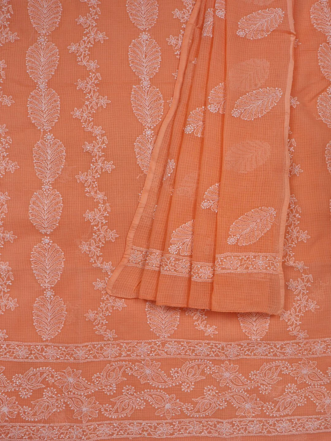 Ada Hand Embroidered Peach Kota Lucknowi Chikankari Unstitched Kurta Dupatta Set A596921