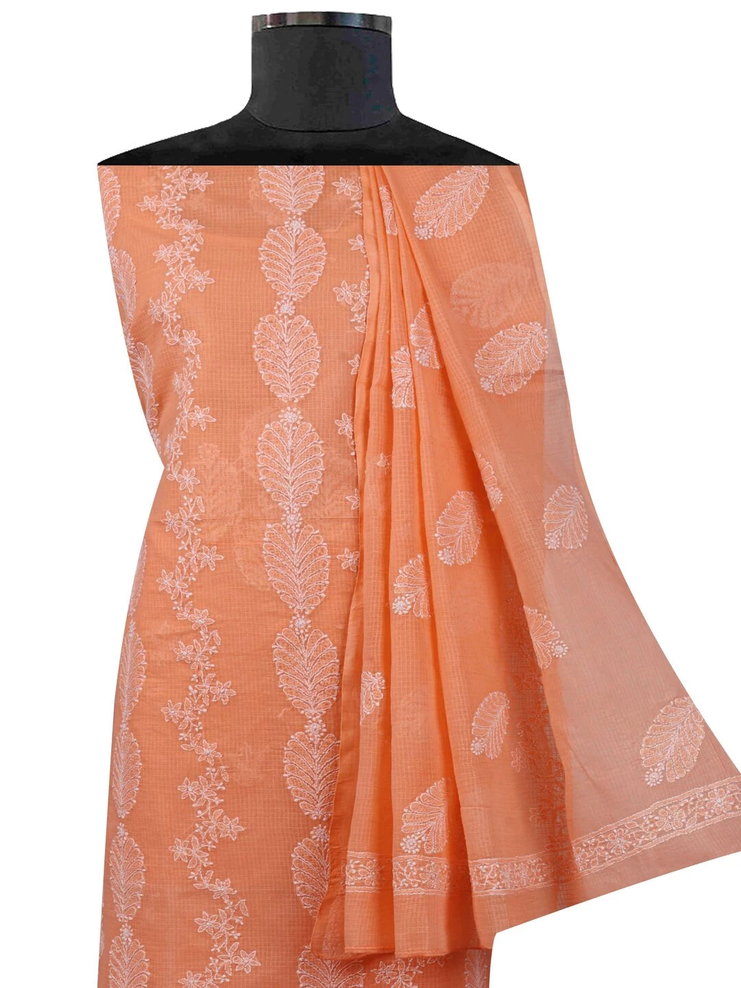 Ada Hand Embroidered Peach Kota Lucknowi Chikankari Unstitched Kurta Dupatta Set A596921