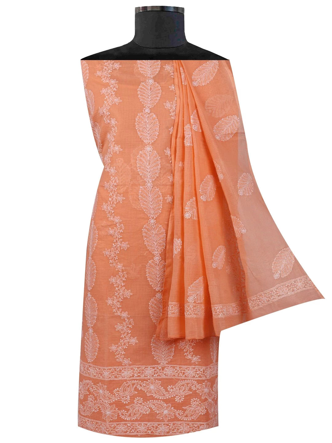 Ada Hand Embroidered Peach Kota Lucknowi Chikankari Unstitched Kurta Dupatta Set A596921