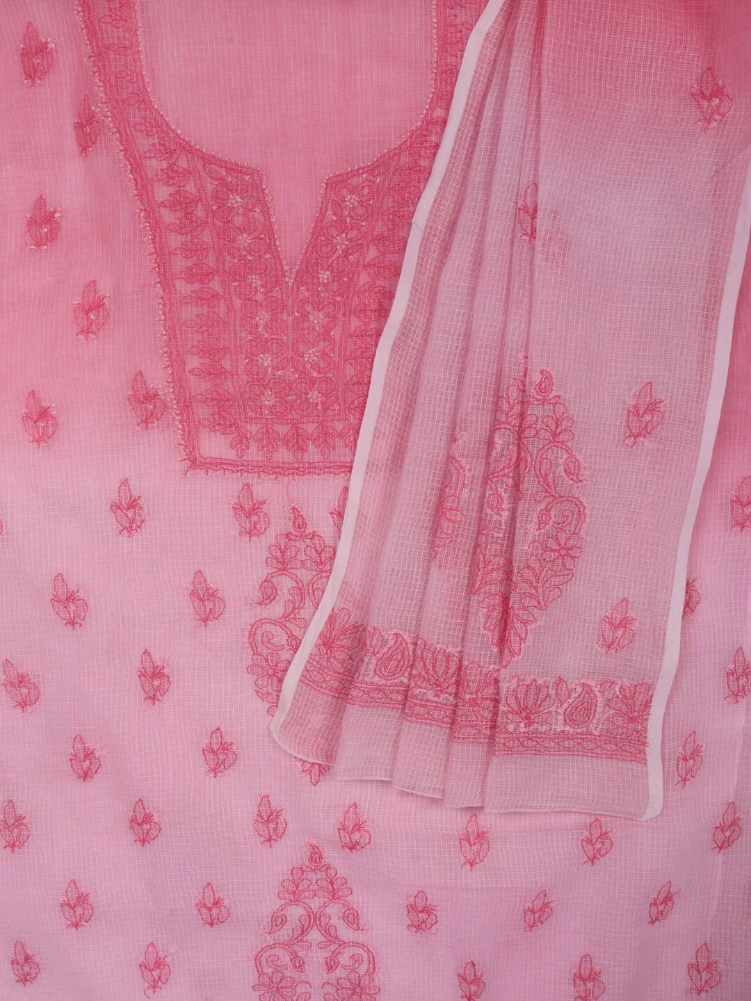 Ada Hand Embroidered Pink Kota Lucknowi Chikankari Unstitched Kurta Dupatta Set A596932