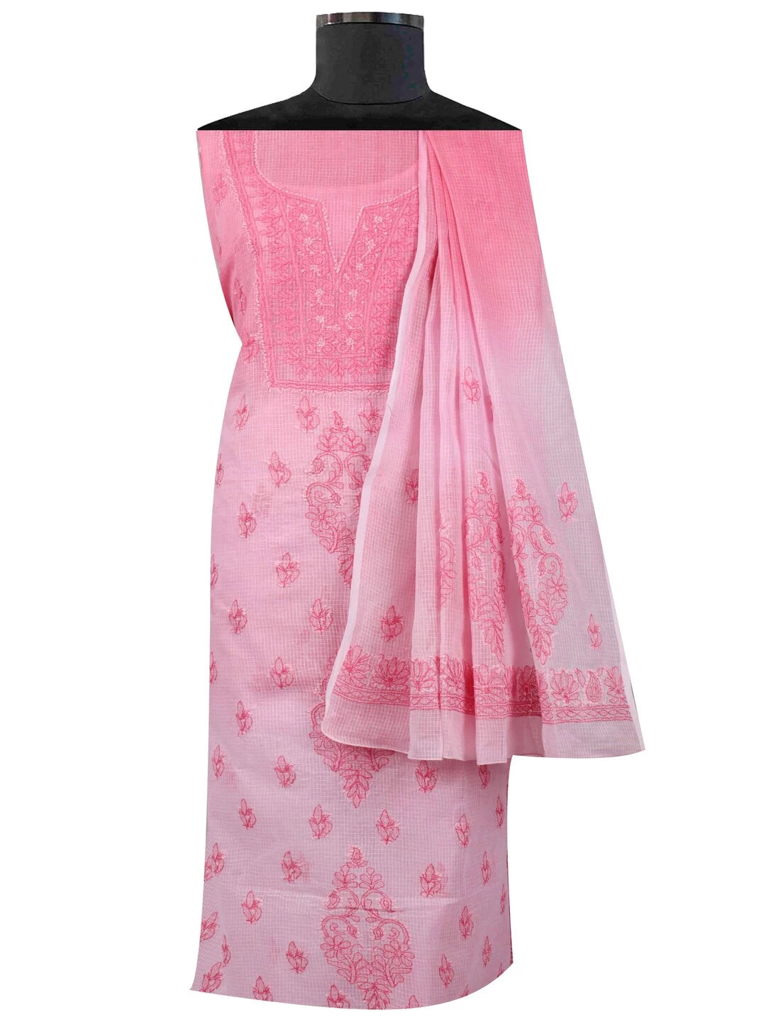 Ada Hand Embroidered Pink Kota Lucknowi Chikankari Unstitched Kurta Dupatta Set A596932