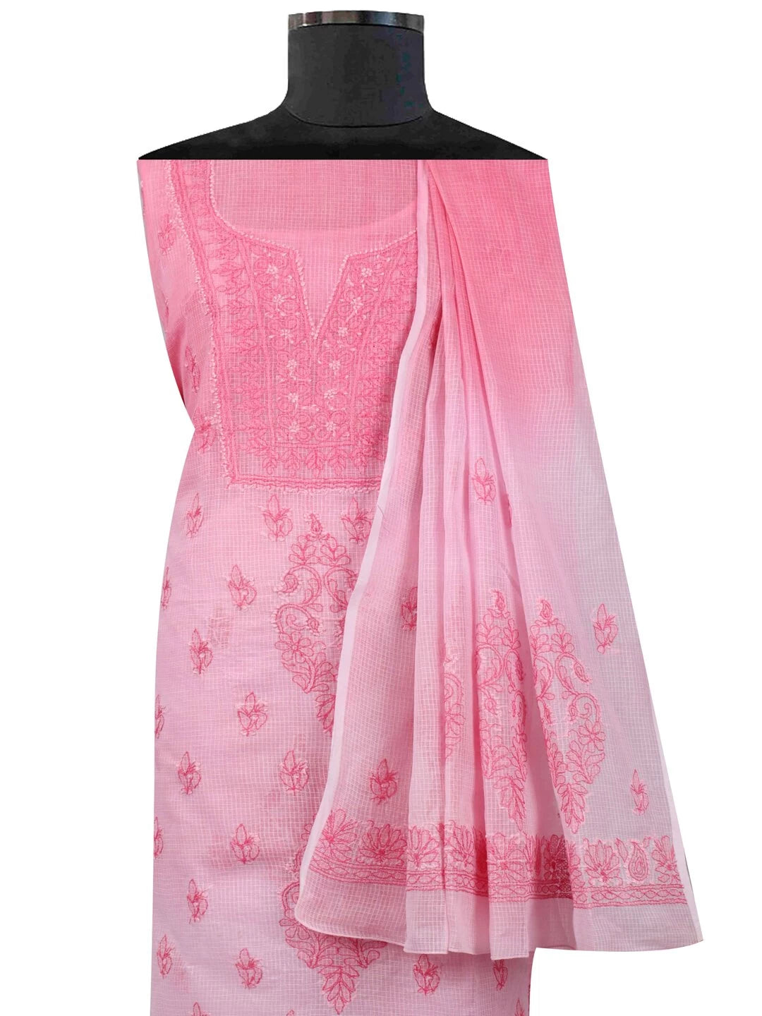Ada Hand Embroidered Pink Kota Lucknowi Chikankari Unstitched Kurta Dupatta Set A596932