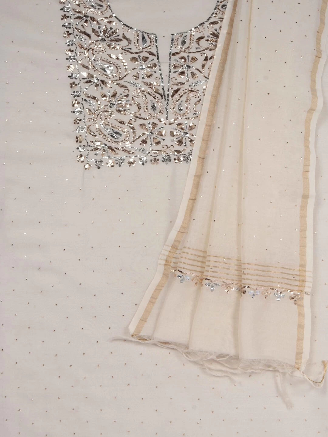 Ada Hand Embroidered Cream Chanderi Lucknowi Chikankari Unstitched Kurta Dupatta Set With Muqaish Work 01A133785