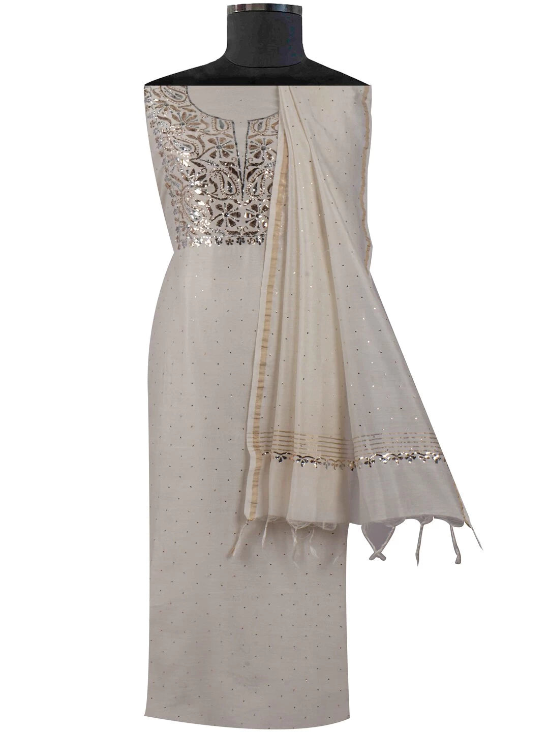 Ada Hand Embroidered Cream Chanderi Lucknowi Chikankari Unstitched Kurta Dupatta Set With Muqaish Work 01A133785