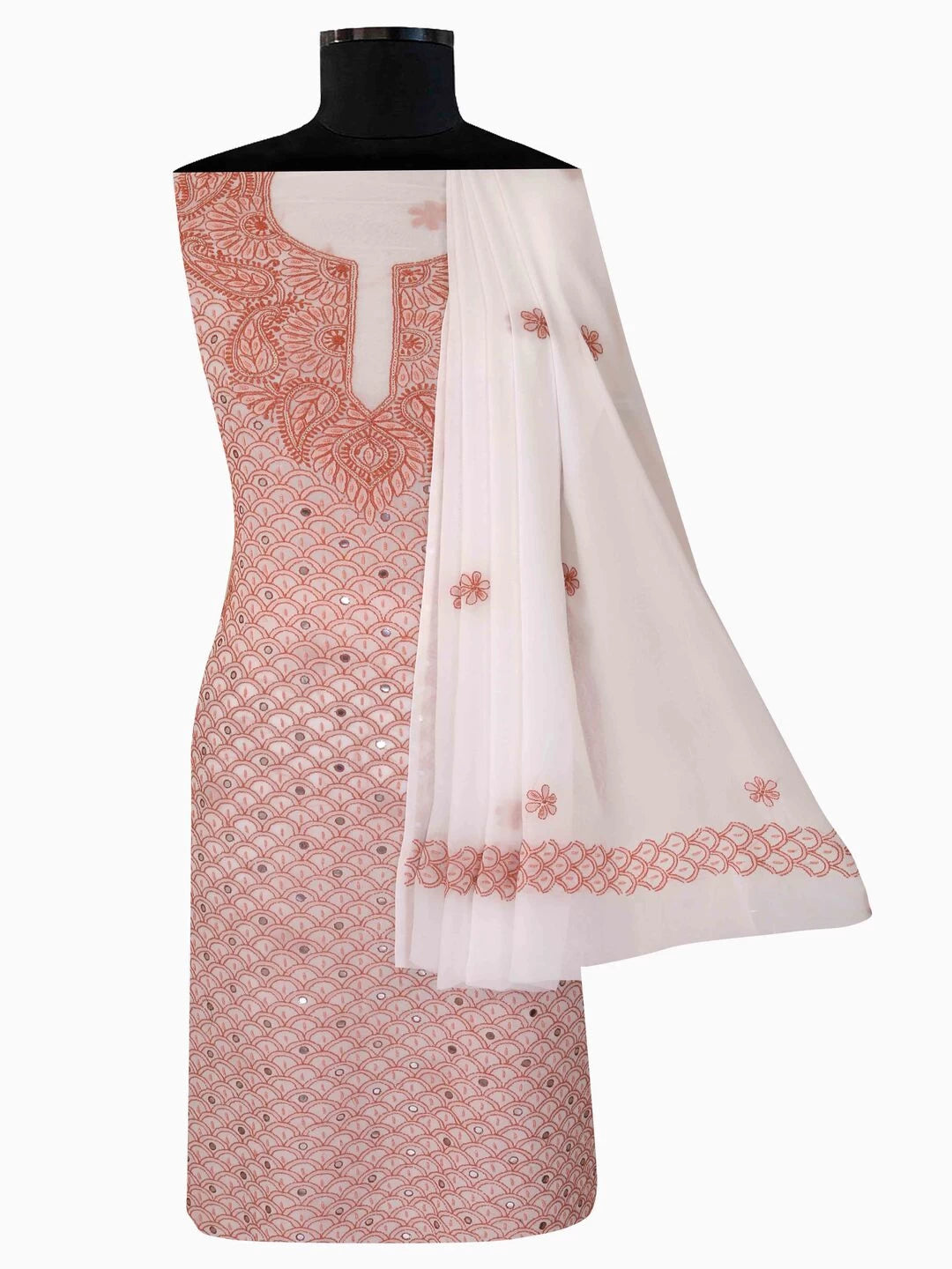 Ada Hand Embroidered White Georgette Lucknowi Chikankari Unstitched Kurta Dupatta Set With Pearl Work 01A66260