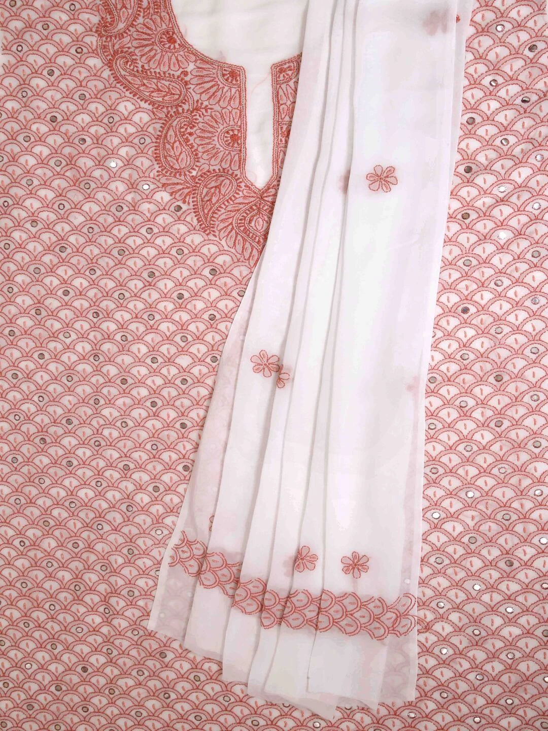Ada Hand Embroidered White Georgette Lucknowi Chikankari Unstitched Kurta Dupatta Set With Pearl Work 01A66260