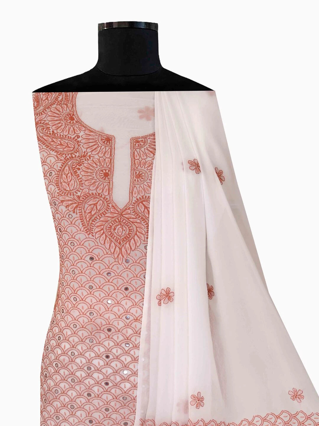 Ada Hand Embroidered White Georgette Lucknowi Chikankari Unstitched Kurta Dupatta Set With Pearl Work 01A66260