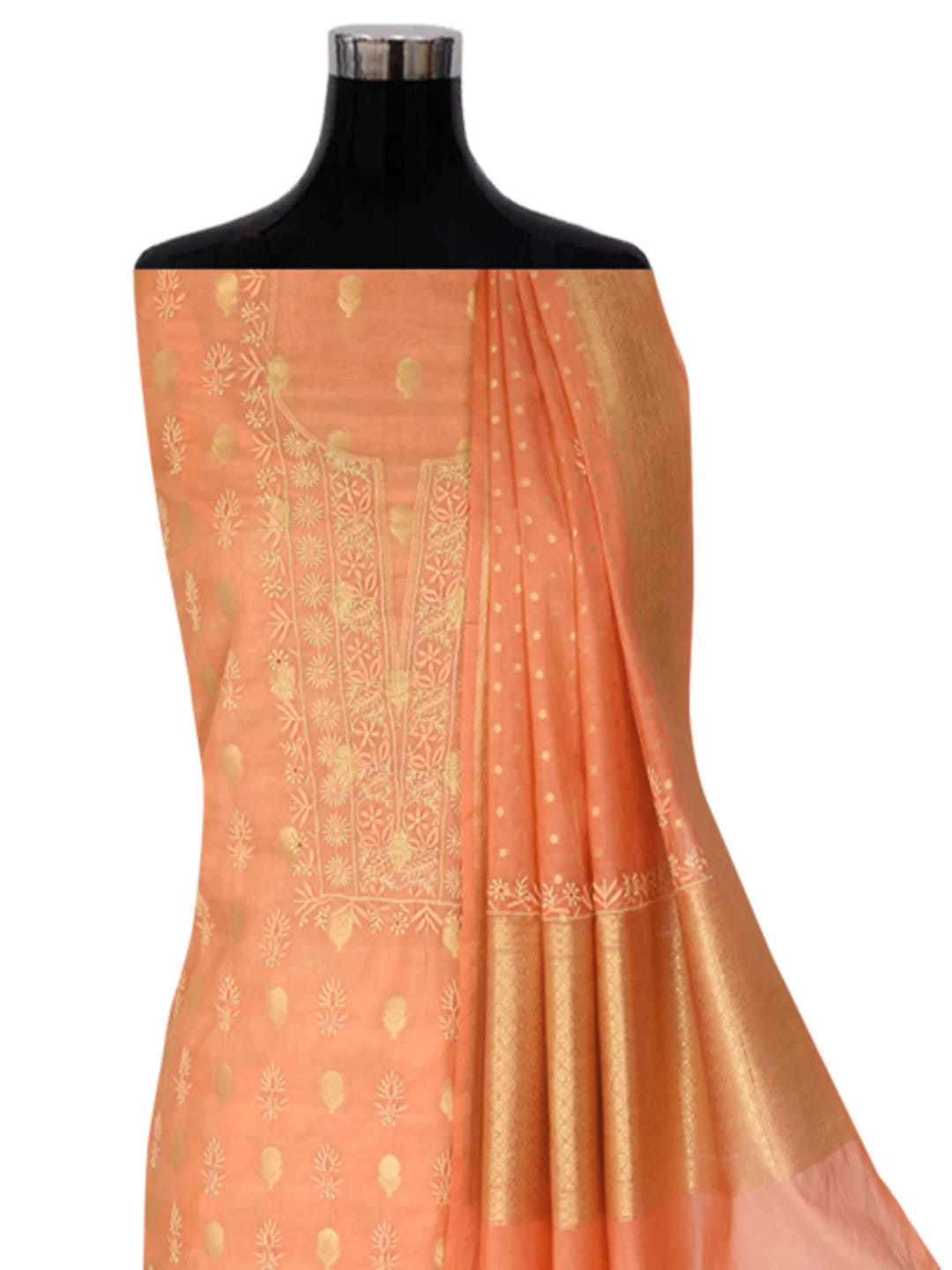 Ada Hand Embroidered Peach Chanderi Lucknowi Chikankari Unstitched Suit Piece 01A322797