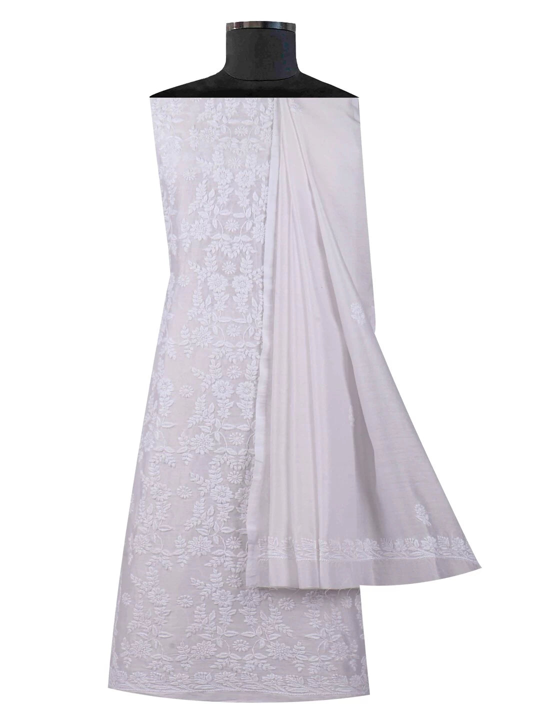 Ada Hand Embroidered White Chanderi Lucknowi Chikankari Unstitched Kurta Dupatta Set 01A137207