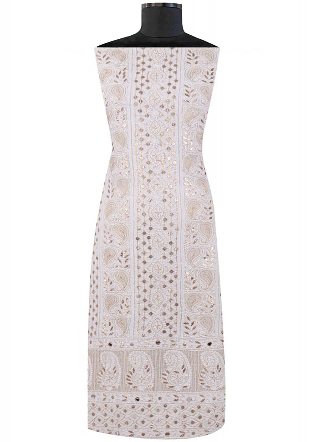 Ada Hand Embroidered White Georgette Lucknowi Chikankari Unstitched Kurta Dupatta Set With Gota Patti Work A613192