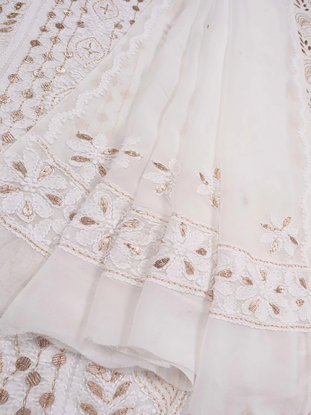 Ada Hand Embroidered White Georgette Lucknowi Chikankari Unstitched Kurta Dupatta Set With Gota Patti Work A613192