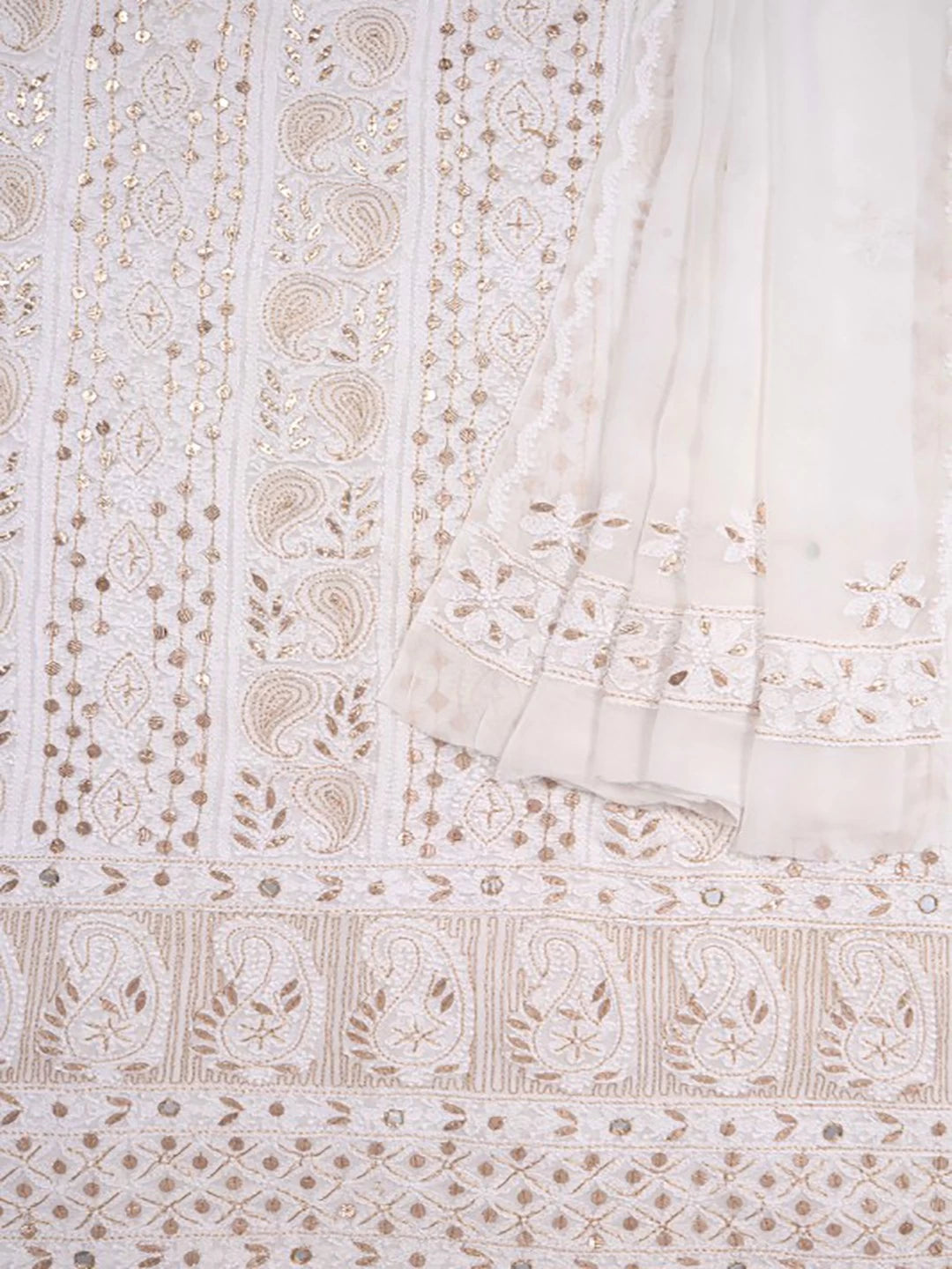 Ada Hand Embroidered White Georgette Lucknowi Chikankari Unstitched Kurta Dupatta Set With Gota Patti Work A613192