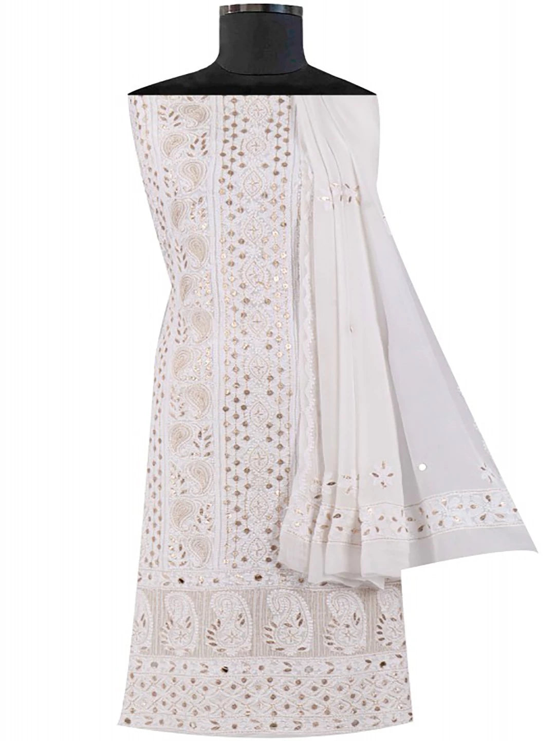 Ada Hand Embroidered White Georgette Lucknowi Chikankari Unstitched Kurta Dupatta Set With Gota Patti Work A613192