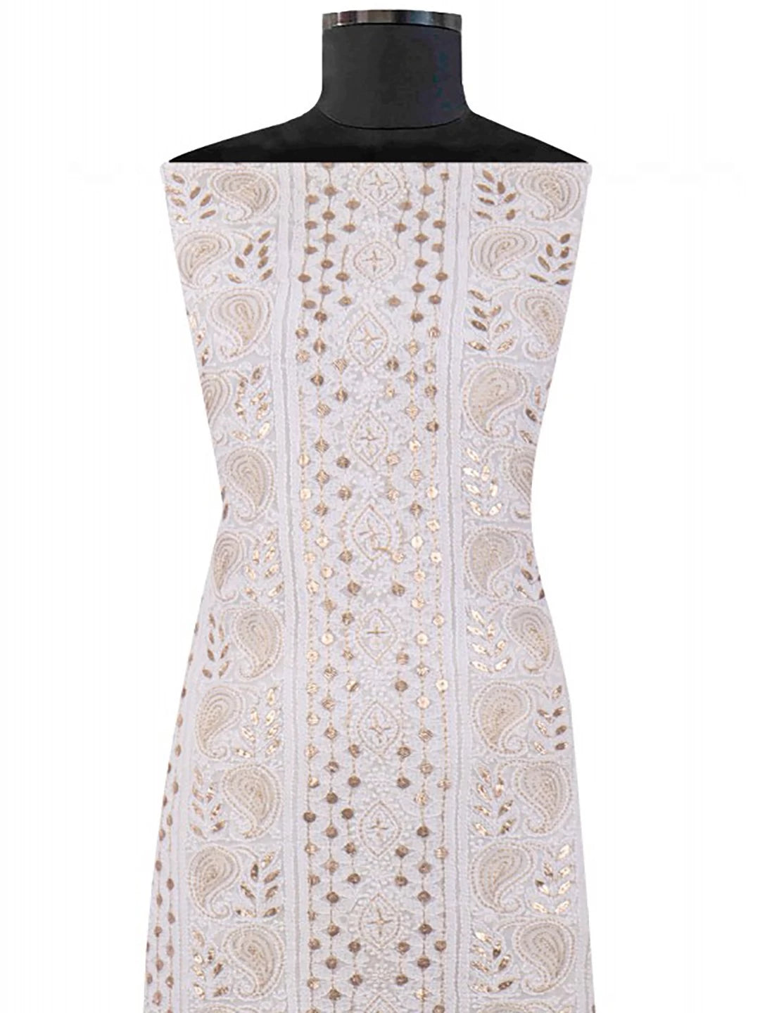 Ada Hand Embroidered White Georgette Lucknowi Chikankari Unstitched Kurta Dupatta Set With Gota Patti Work A613192