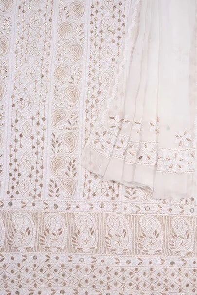 Ada Hand Embroidered White Georgette Lucknowi Chikankari Unstitched Kurta Dupatta Set With Gota Patti Work A618524