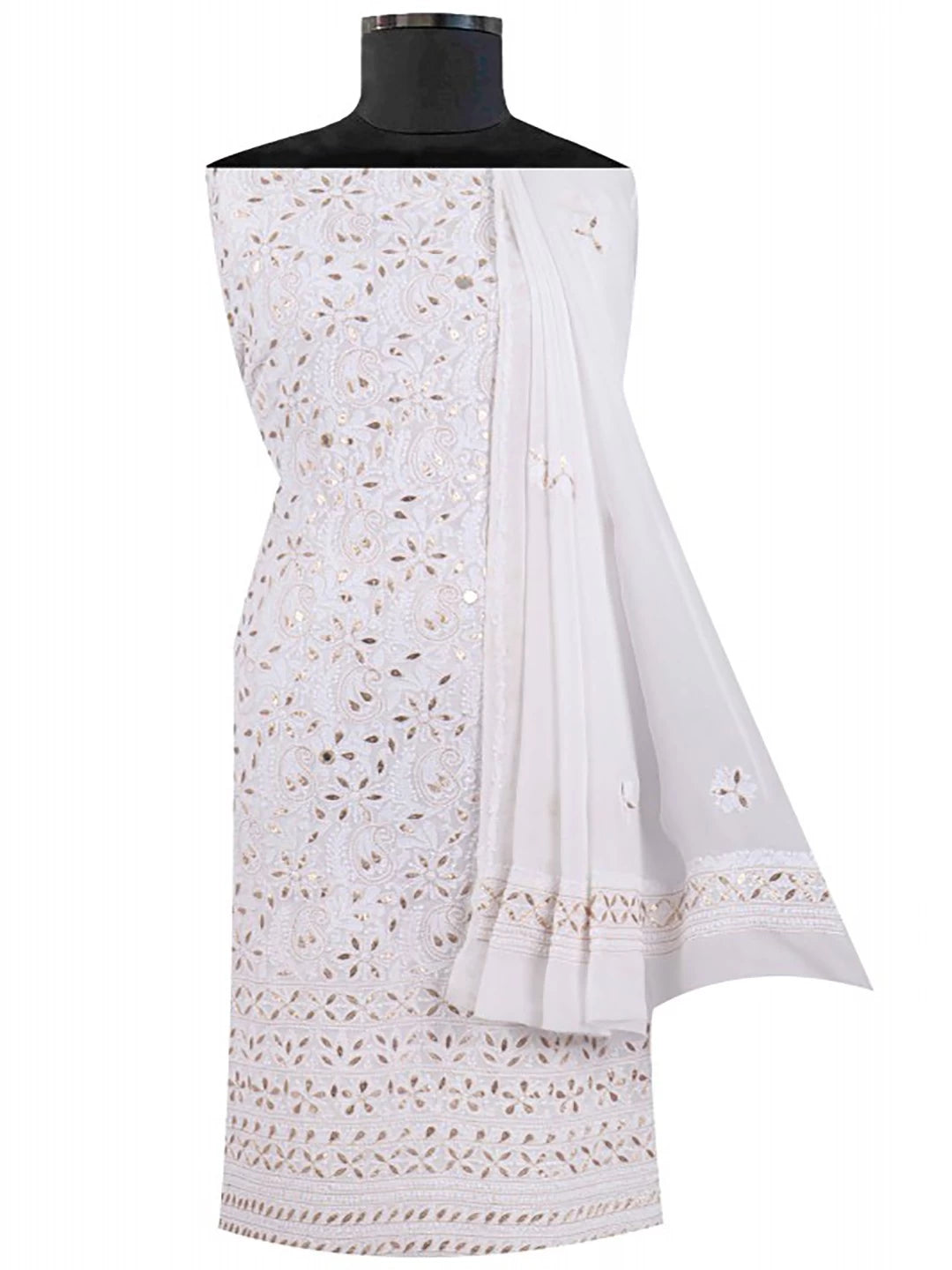 Ada Hand Embroidered White Georgette Lucknowi Chikankari Unstitched Kurta Dupatta Set With Gota Patti Work A618524