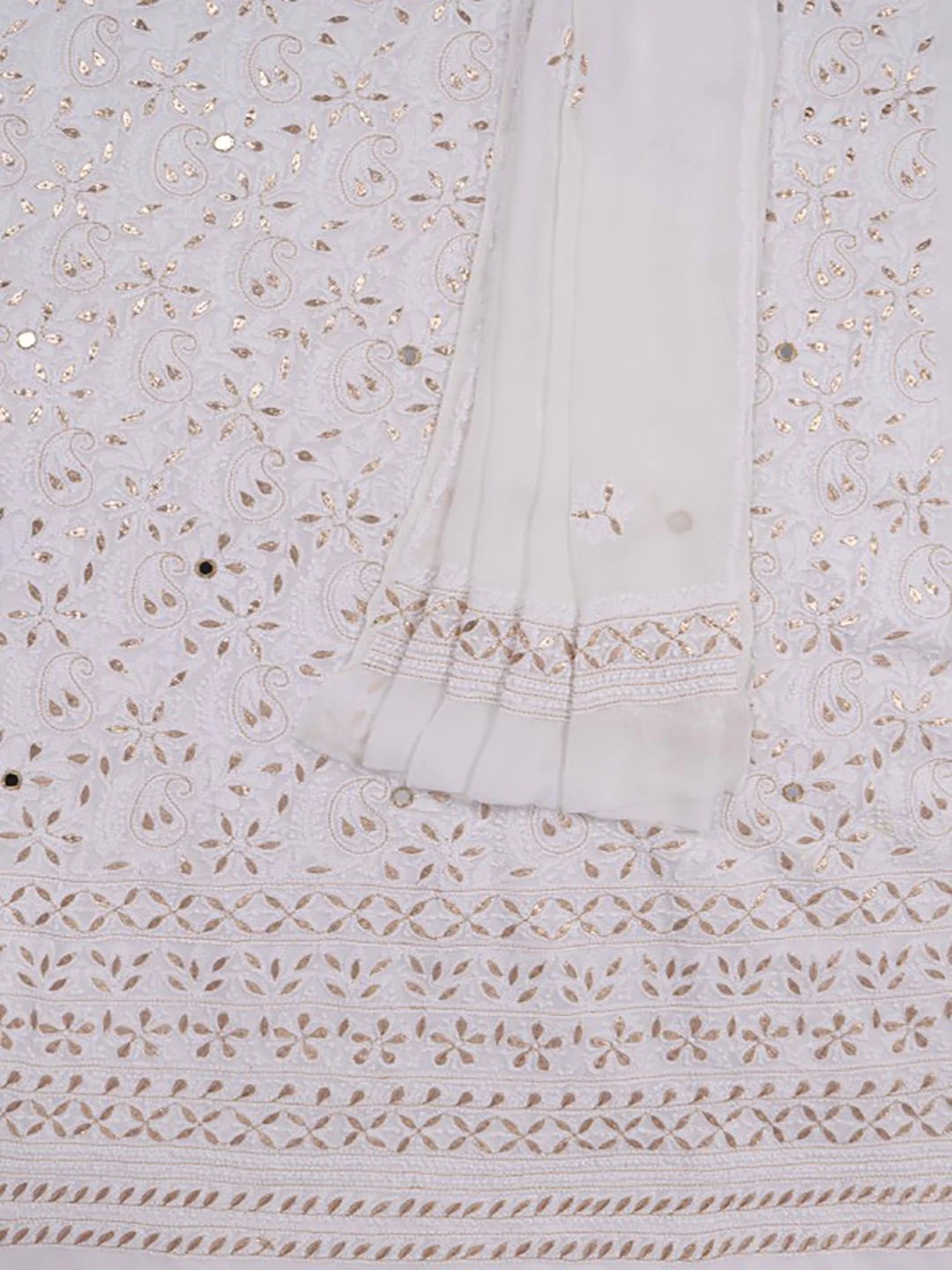 Ada Hand Embroidered White Georgette Lucknowi Chikankari Unstitched Kurta Dupatta Set With Gota Patti Work A618524