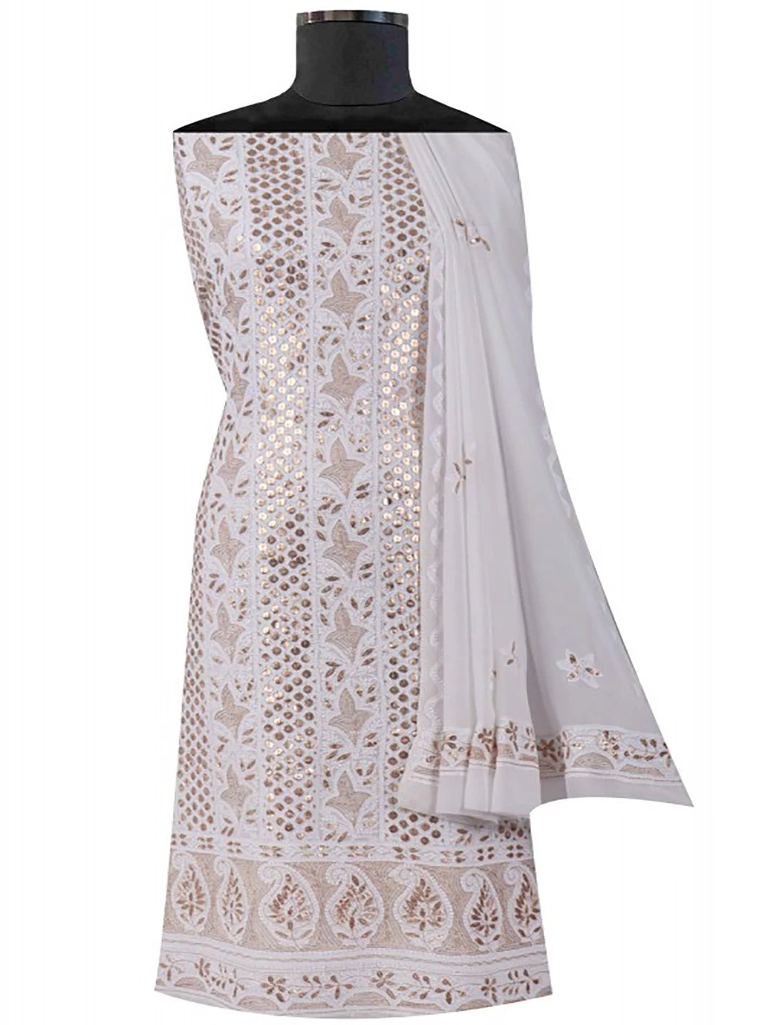 Ada Hand Embroidered White Georgette Lucknowi Chikankari Unstitched Kurta Dupatta Set With Gota Patti Work A619134