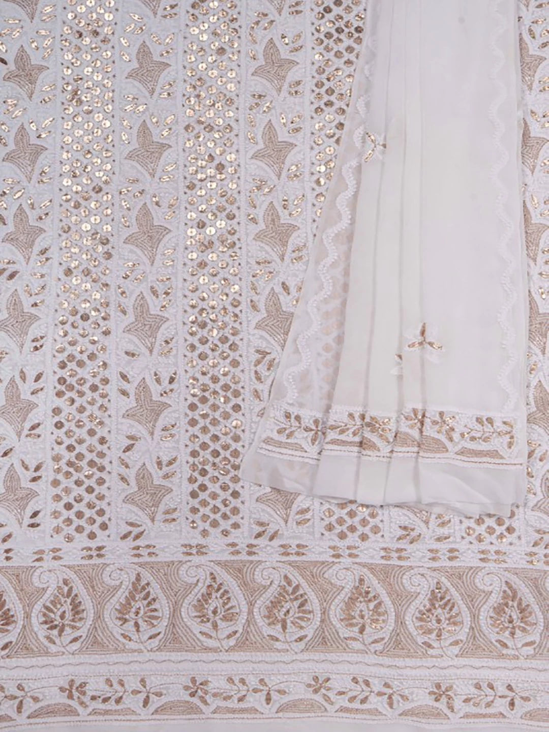 Ada Hand Embroidered White Georgette Lucknowi Chikankari Unstitched Kurta Dupatta Set With Gota Patti Work A619134