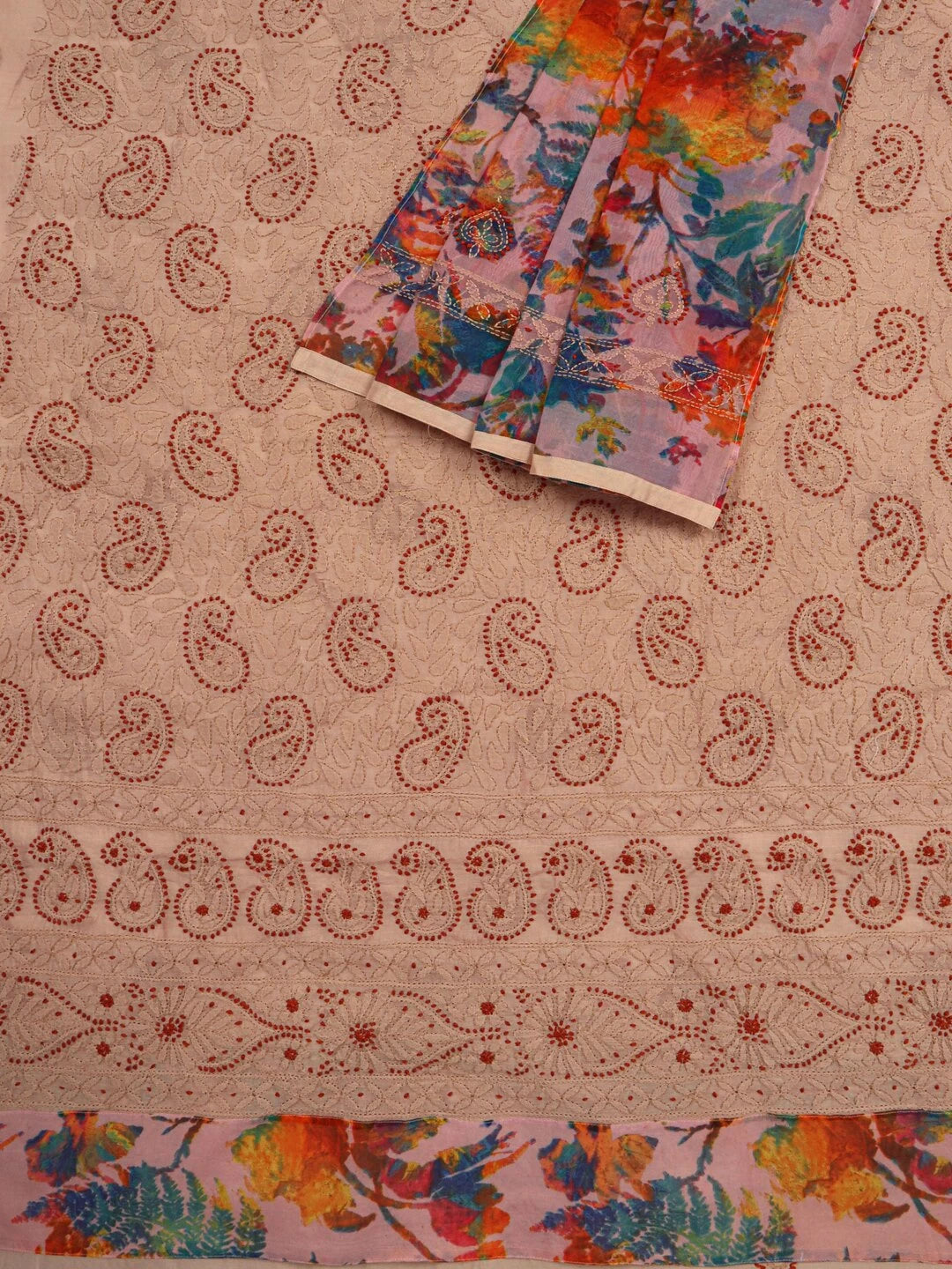 Ada Hand Embroidered Fawn Chanderi Lucknowi Chikankari Unstitched Kurta Dupatta Set 01A135940