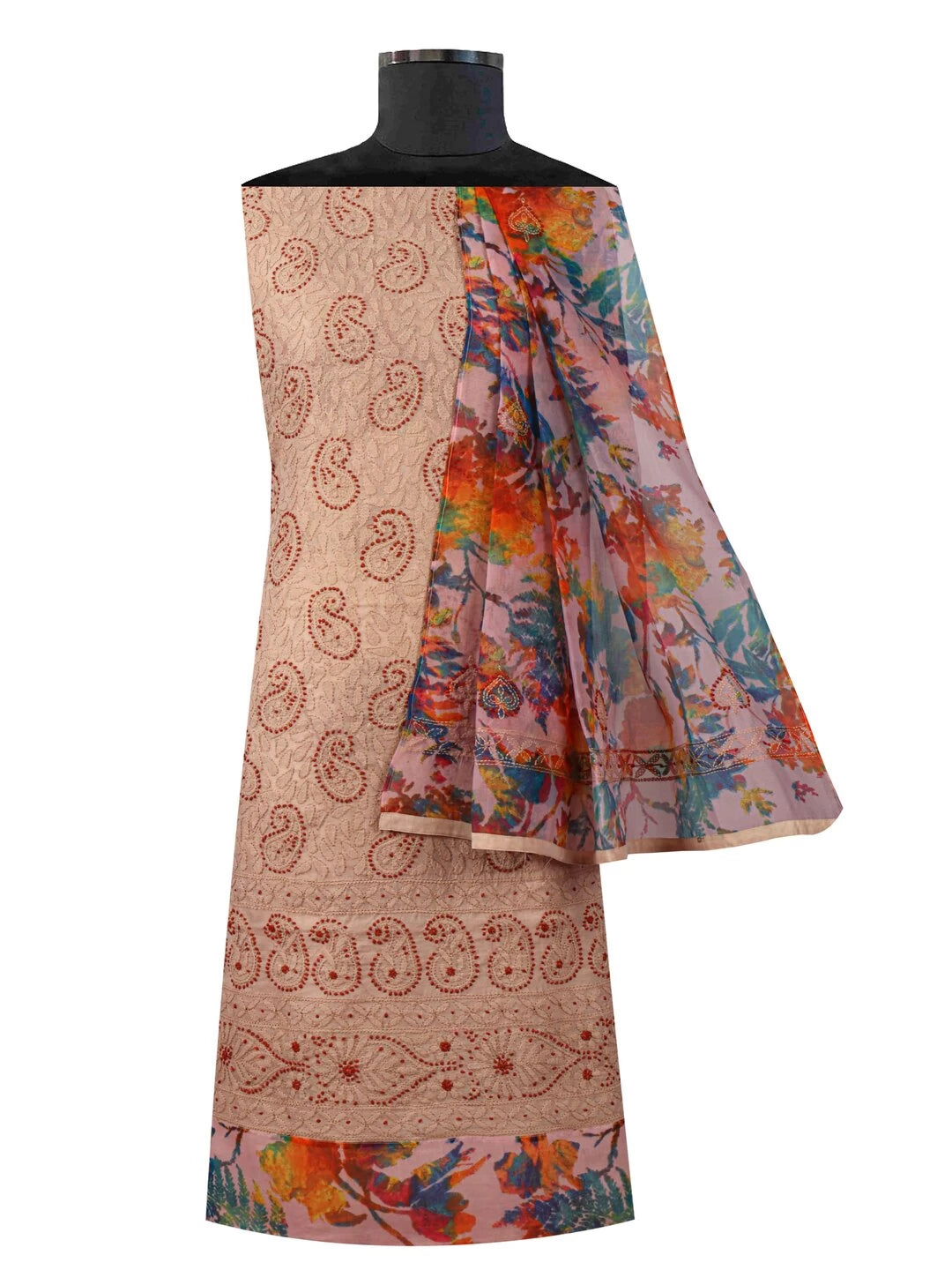 Ada Hand Embroidered Fawn Chanderi Lucknowi Chikankari Unstitched Kurta Dupatta Set 01A135940