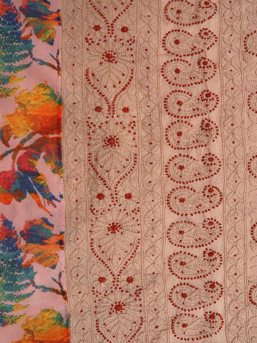 Ada Hand Embroidered Fawn Chanderi Lucknowi Chikankari Unstitched Kurta Dupatta Set 01A135940