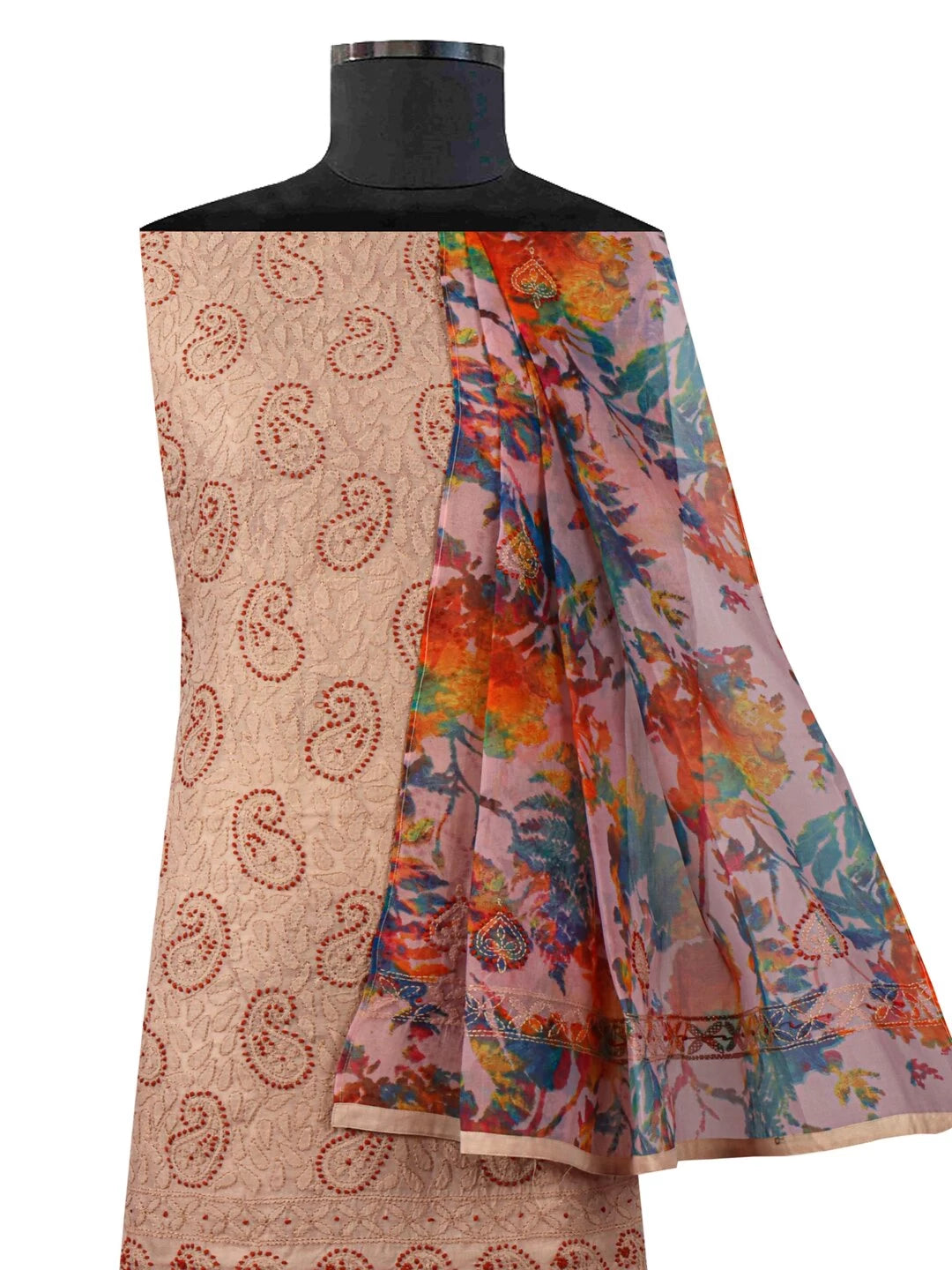 Ada Hand Embroidered Fawn Chanderi Lucknowi Chikankari Unstitched Kurta Dupatta Set 01A135940