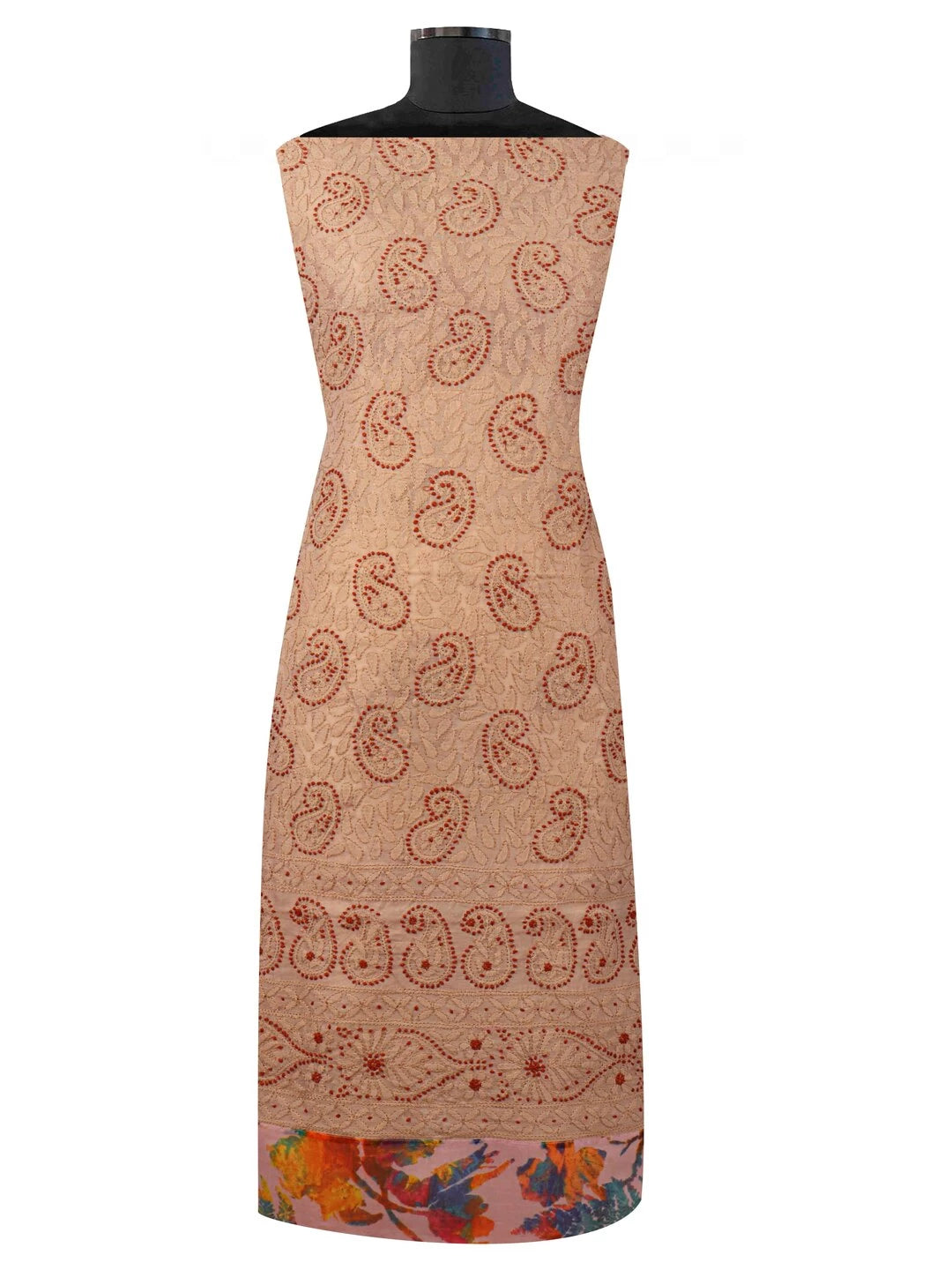 Ada Hand Embroidered Fawn Chanderi Lucknowi Chikankari Unstitched Kurta Dupatta Set 01A135940