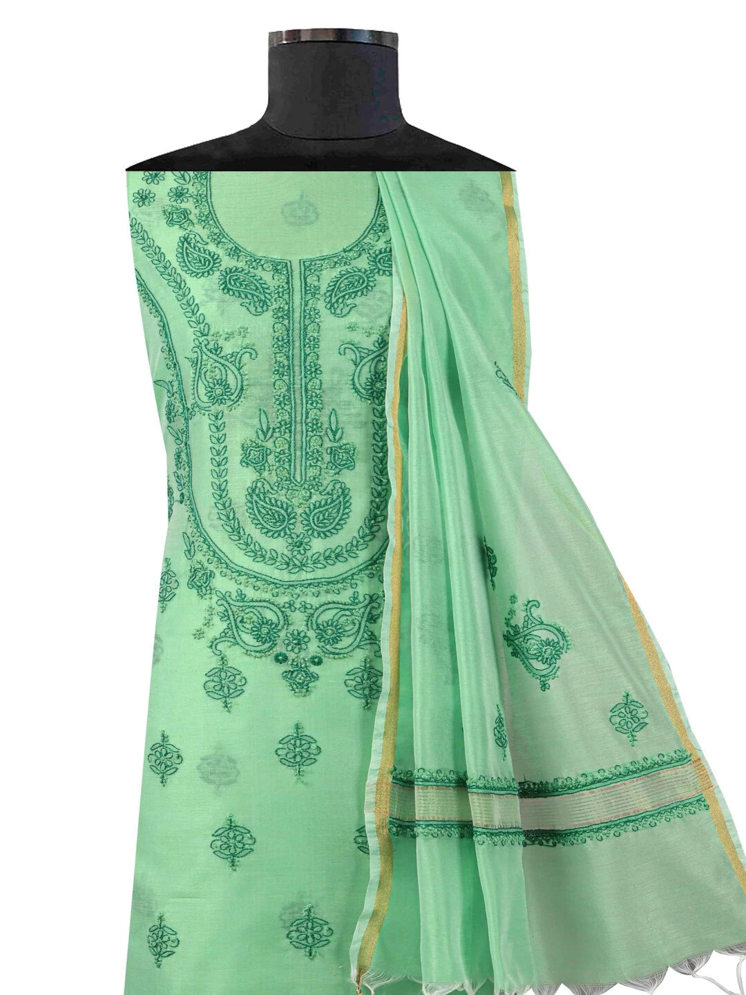 Ada Hand Embroidered Green Chanderi Lucknowi Chikankari unstitched Kurta Dupatta Set 01A118198